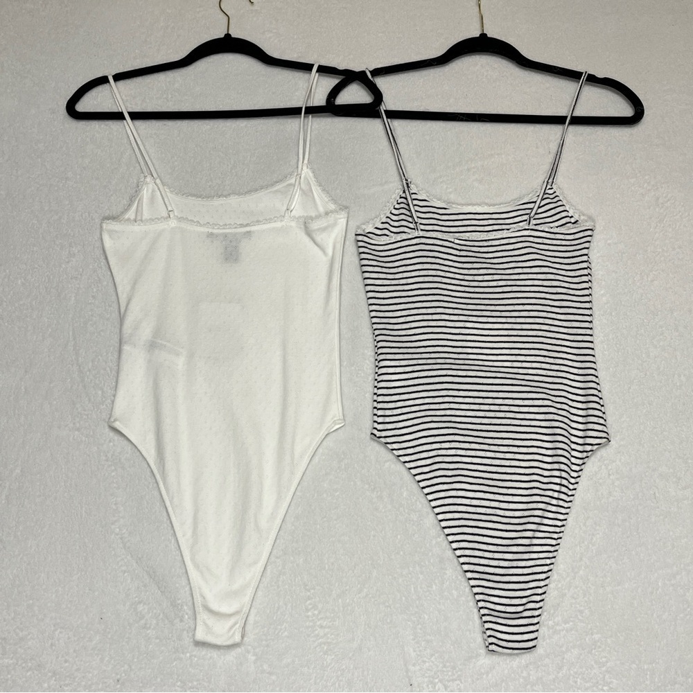Forever 21 Juniors Pointelle Knit Bodysuit Bundle Small White & Stripes NWT - Picture 2 of 10